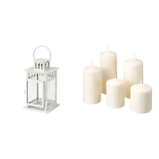 BORRBY/FENOMEN set: lantern for block candle + unscented block candle, set of 5, in/outdoor white + natural, 28 cm