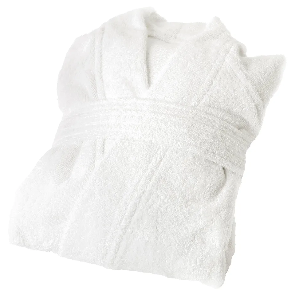 A white, hooded bathrobe, designed for comfort with terry fabric inside and out, side pockets, and adjustable belt loops.