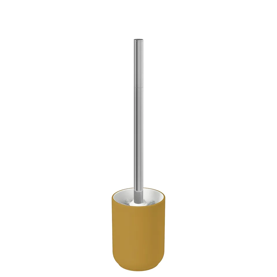 EKOLN yellow toilet brush; sleek, modern design; stainless steel handle; stoneware mug base.