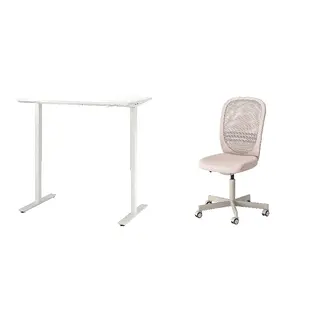FLINTAN/TROTTEN set: desk sit/stand + office chair, white + beige, Depth 70 x Width 120 cm