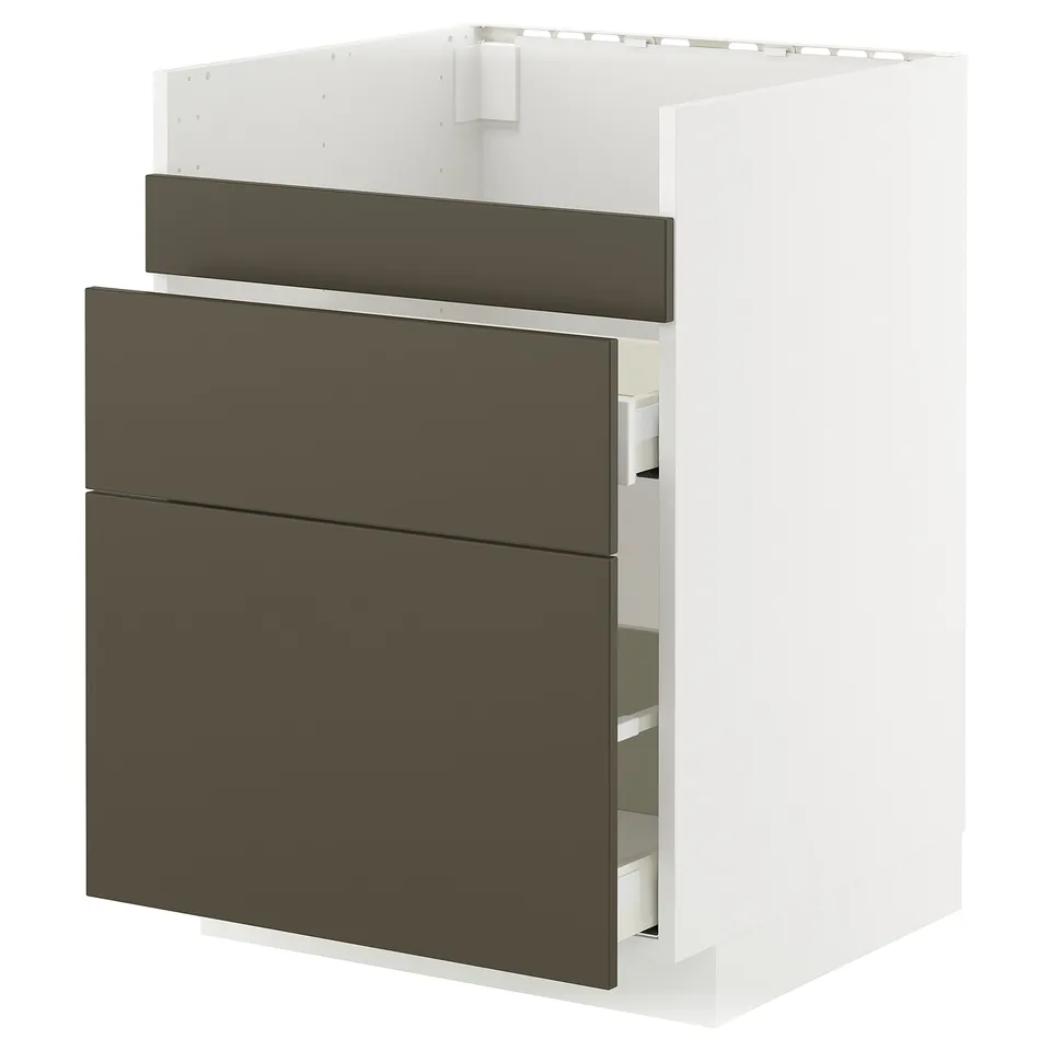 An ikea METOD kitchen cabinet with dark brown havstorp fronts. It 3 drawers and a sleek, modern design.