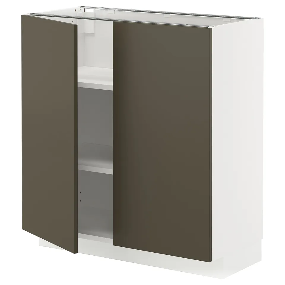 A white METOD kitchen cabinet with dark brown havstorp doors, featuring multiple adjustable shelves.