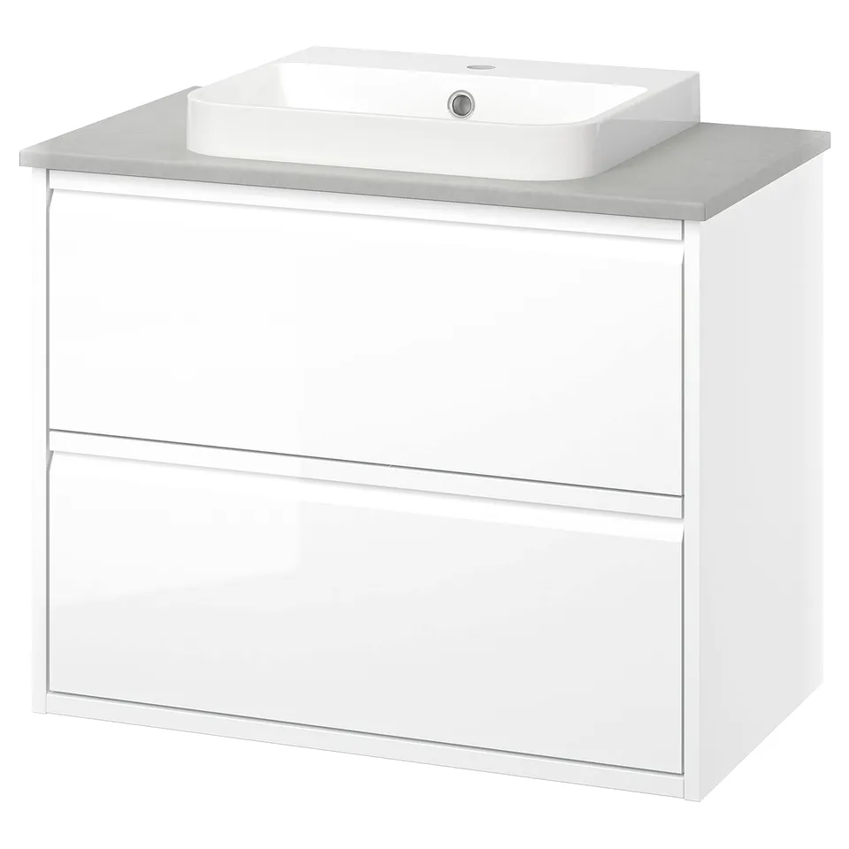 The ÄNGSJÖN white bathroom vanity unit with a square basin. Modern, minimalist design with two full drawers.