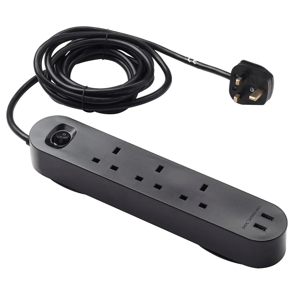KOPPLA black surge protector: 3 sockets, 2 usb