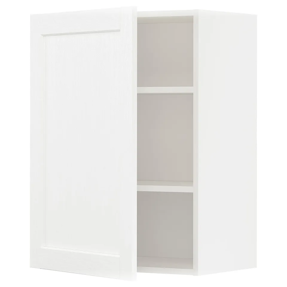 A white METOD kitchen wall cabinet with adjustable shelves, featuring a classic design with a subtle grain structure.