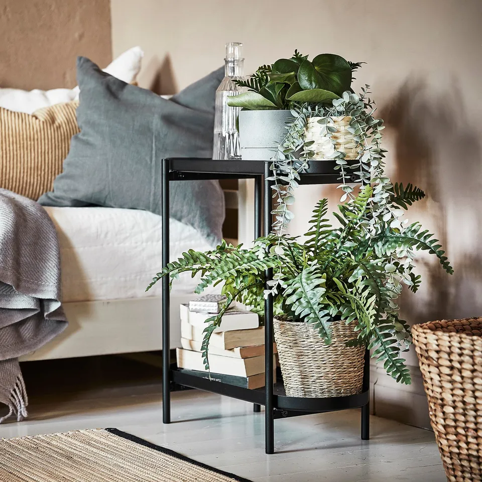 Small indoor plant stand, black, metal, holds plants, books & decor, stylish home decor.