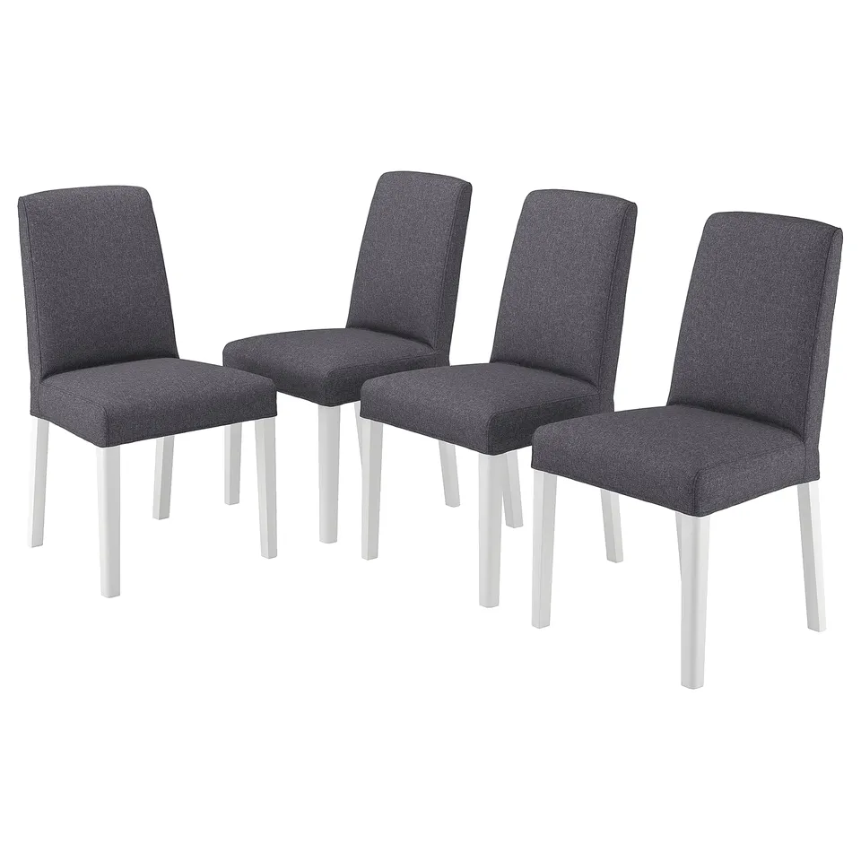Four modern, dark grey upholstered chairs with white metal legs in a sleek, minimalist design.