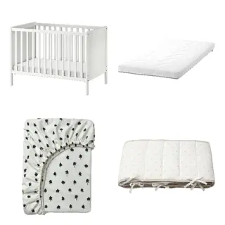 GRÖNFINK/KRUMMELUR/LENAST/SUNDVIK set: cot + foam mattress for cot + fitted sheet for cot + bumper pad, white + white/tree pattern + dotted/white grey, 60x120 cm