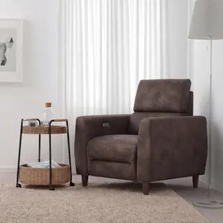RULLERUM/LUBBAN Recliner, electric/Trolley table with storage, Tornarp dark grey-brown + rattan/anthracite, Depth 94 x Width 97 cm
