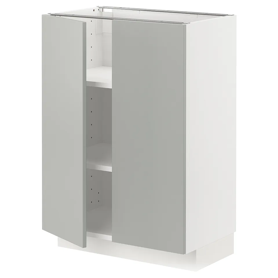 White METOD kitchen cabinet, light grey doors, square shape.