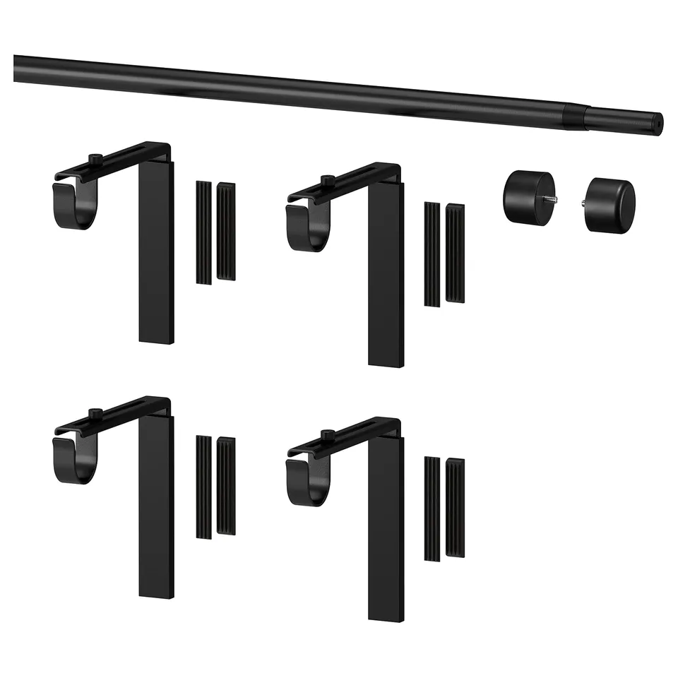 Black RÄCKA curtain rod and hardware set, extendable, includes 4 brackets, 2 finials, curved.