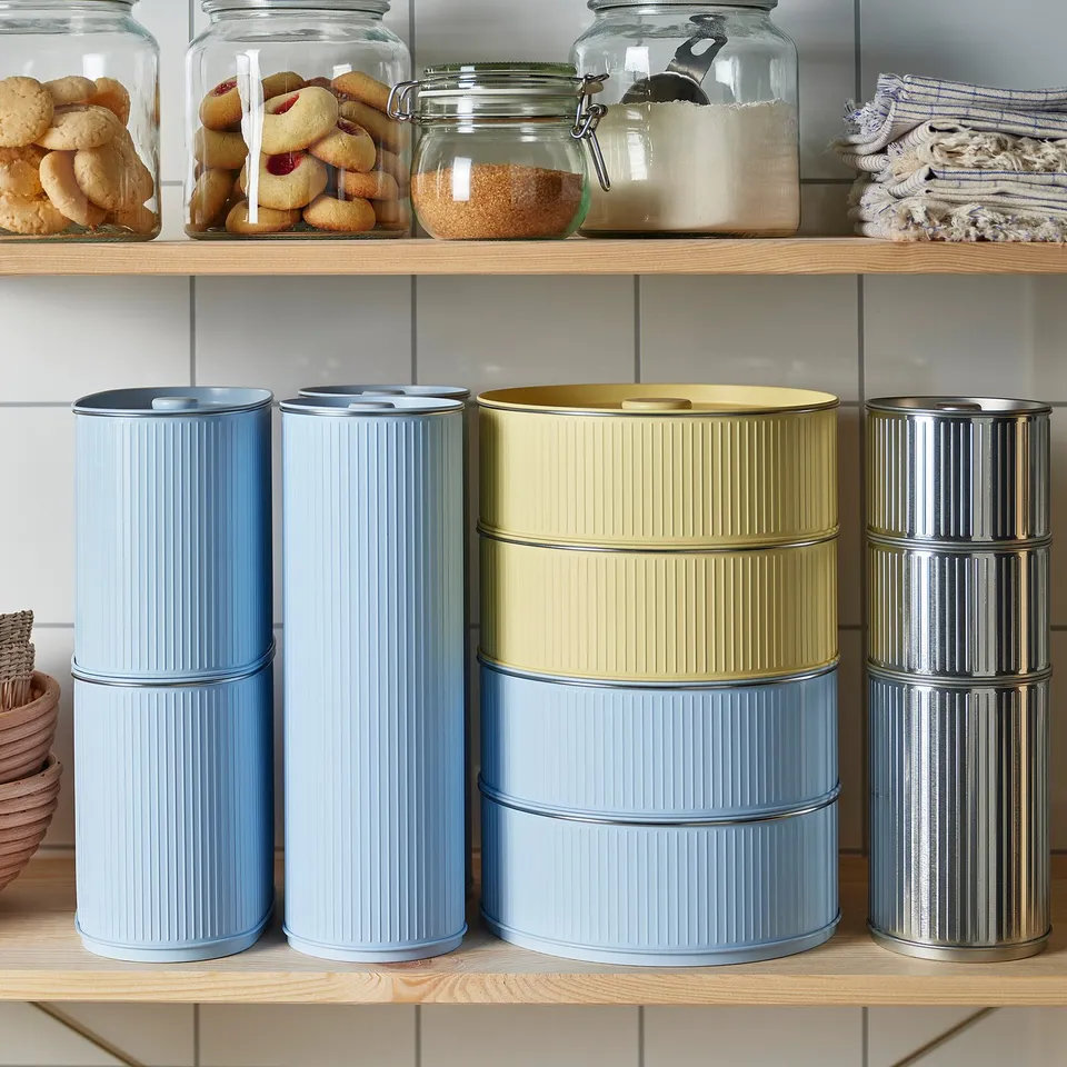 Pastel and silver storage tins with lids on shelf, storing dry goods.