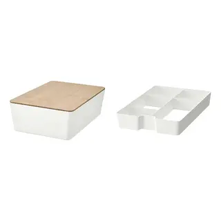 KUGGIS set: box with lid + insert with 5 compartments, white/bamboo + white, 18x26x8 cm