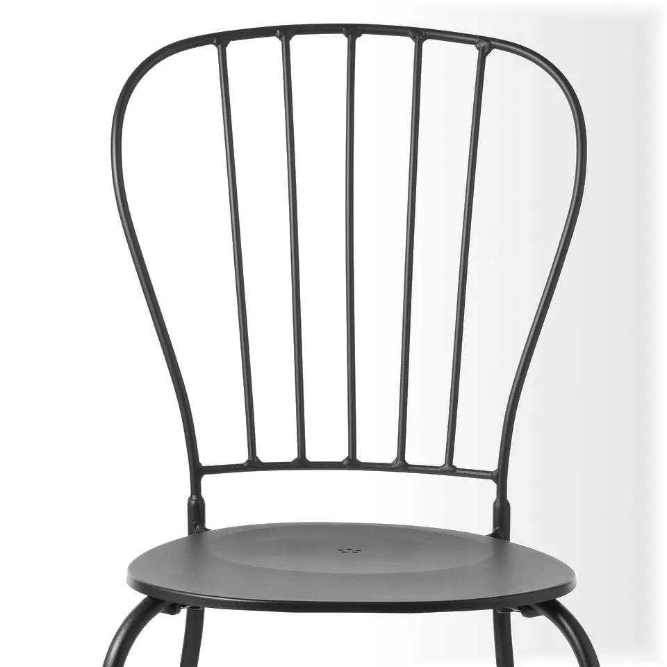 Modern black metal chair with curved back, sturdy design, minimalist style.