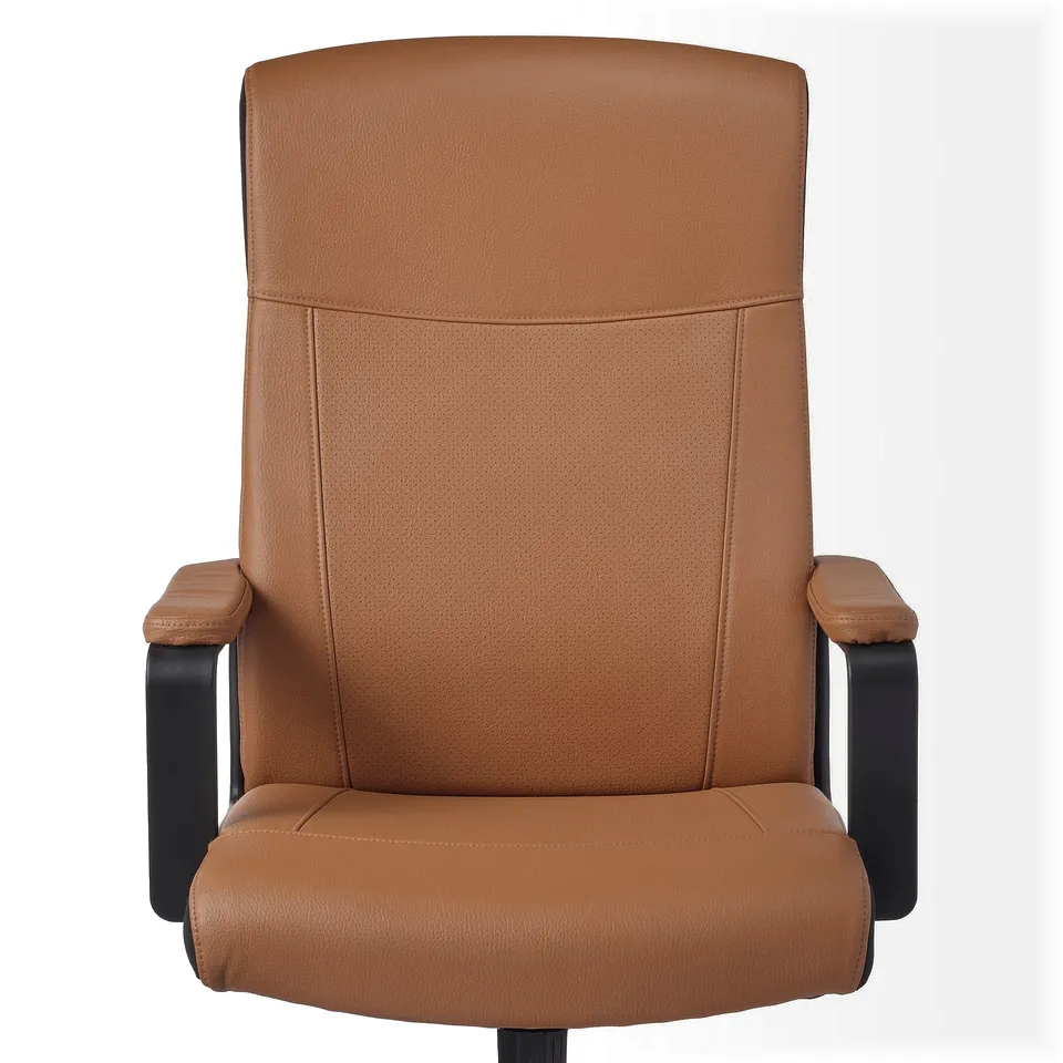Brown MILLBERGET office chair, high back, adjustable, padded armrests, solid design.