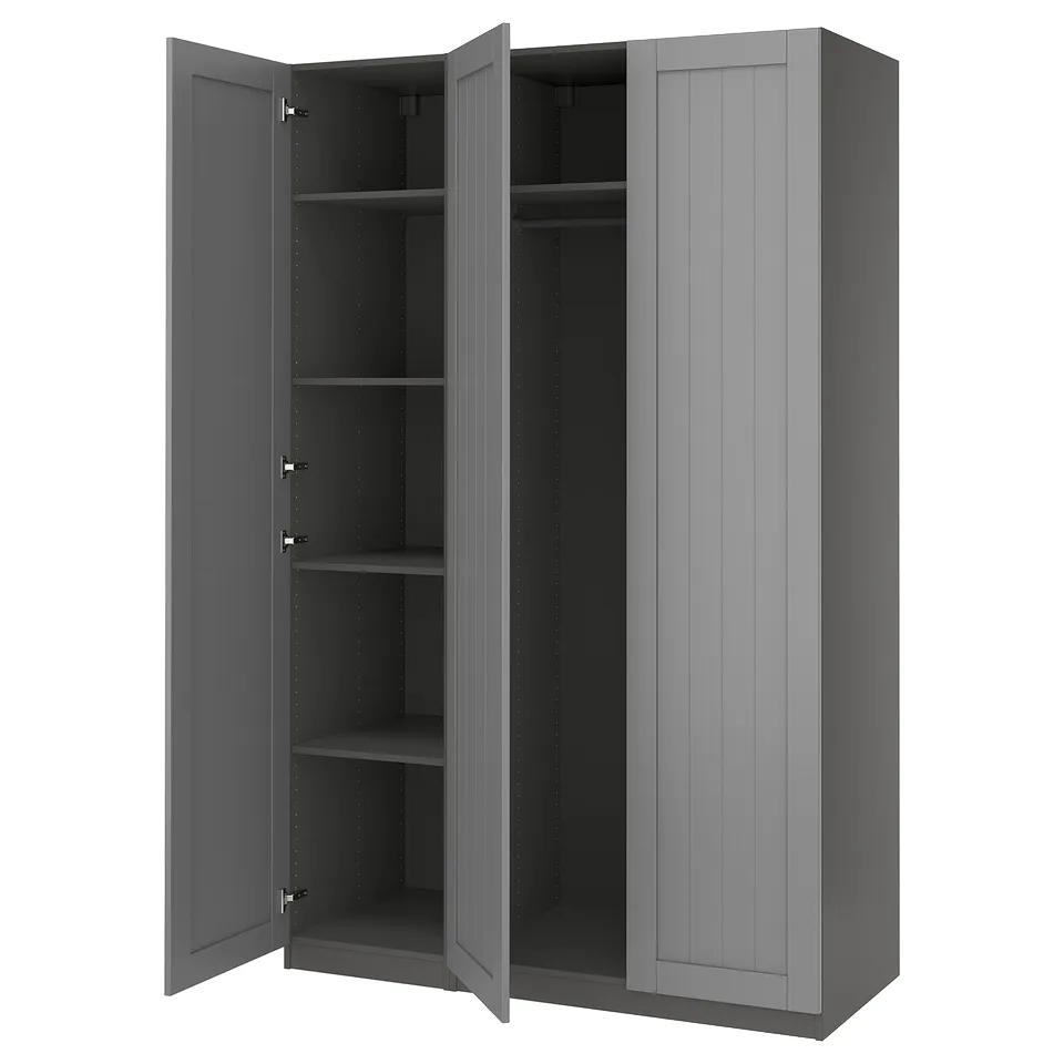 Grey PAX wardrobe, tall and slim, open doors reveal empty shelves, modern design, wooden material.