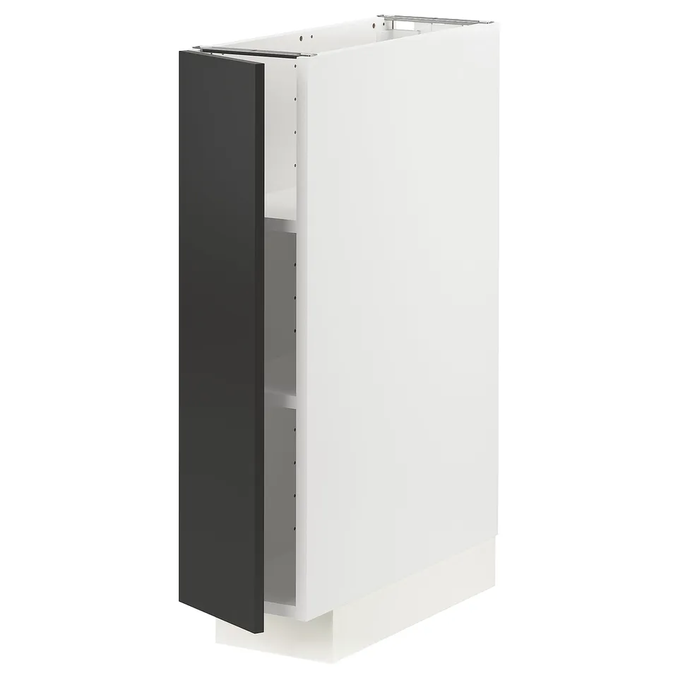 Displays a modern white METOD kitchen cabinet with a black door, featuring a sleek, rectangular design.
