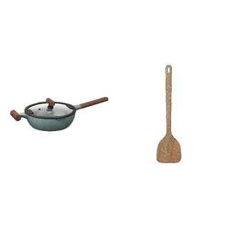 KLIPPFISK/MAJFISK set: sauté pan with lid + wok spatula, non-stick coating glass/wood grey-turquoise + acacia, 24 cm