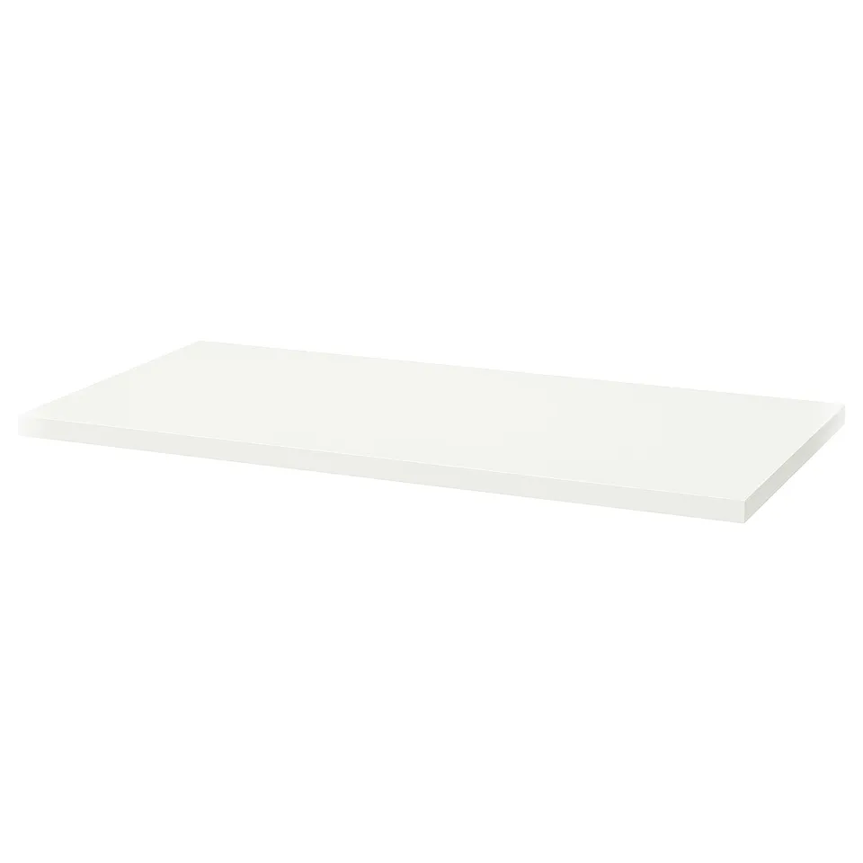 Flat, white rectangular shelf; minimalist design for wall mounting; light, sturdy.