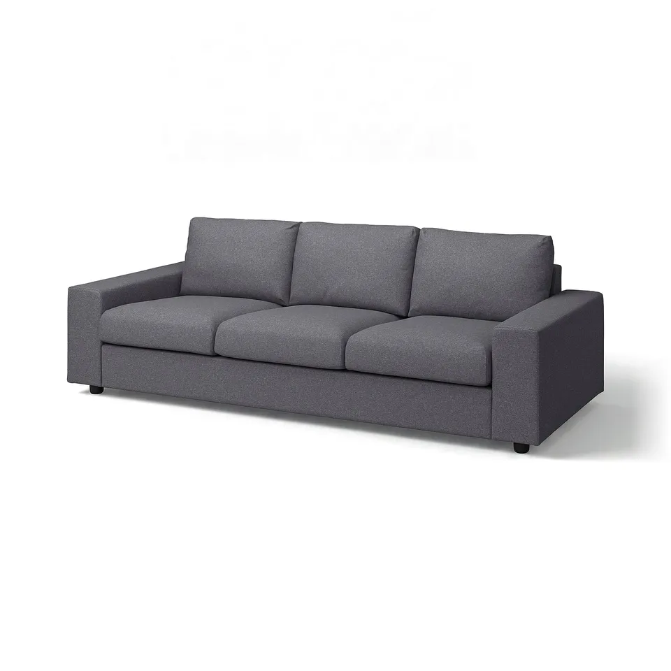 A grey VIMLE sofa. Its modern, rectangular with plush cushions, and covered in fabric.