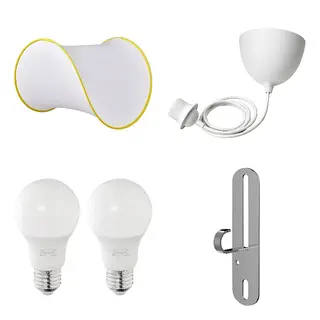 FÖRUT/GREJSIMOJS/HAVSDJUP/SOLHETTA set: pendant lamp shade + cord set + LED bulb E27 470 lumen + pendant/ceiling lamp hook, white/yellow + white + globe opal white, 45 cm
