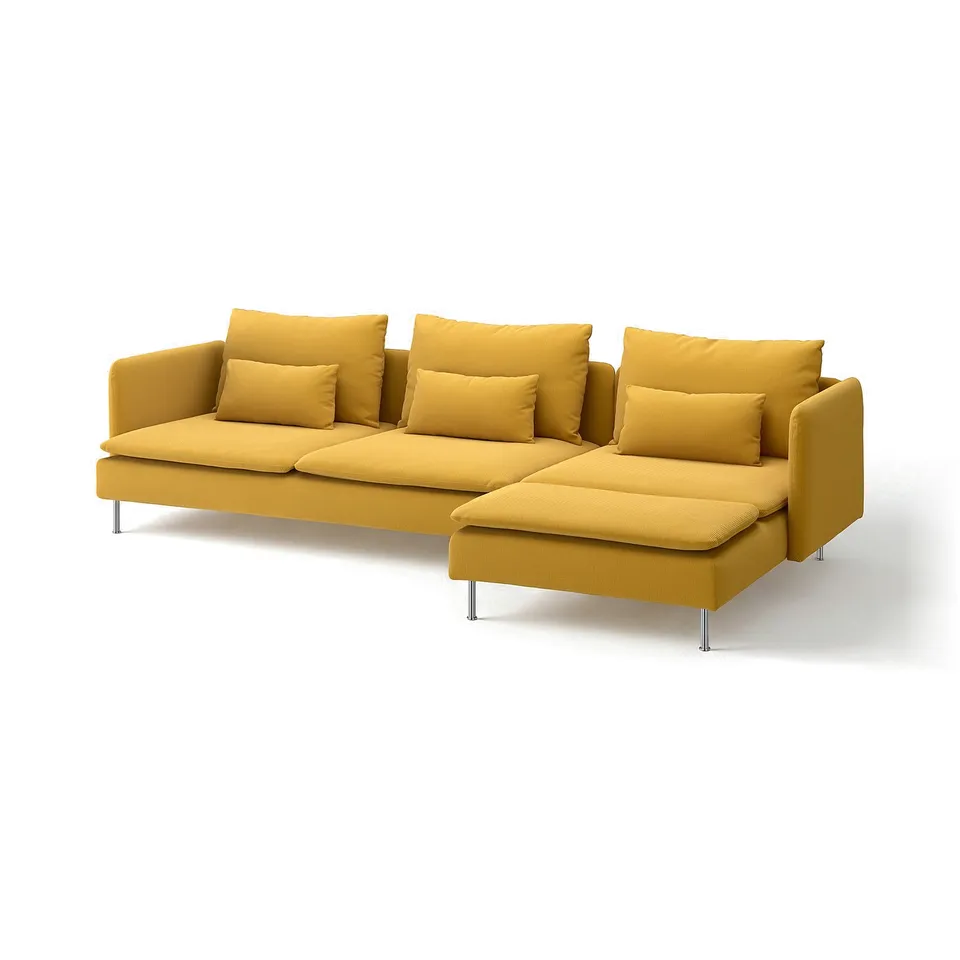 Bright yellow, modern l-shaped sofa with wooden legs and four cushions.