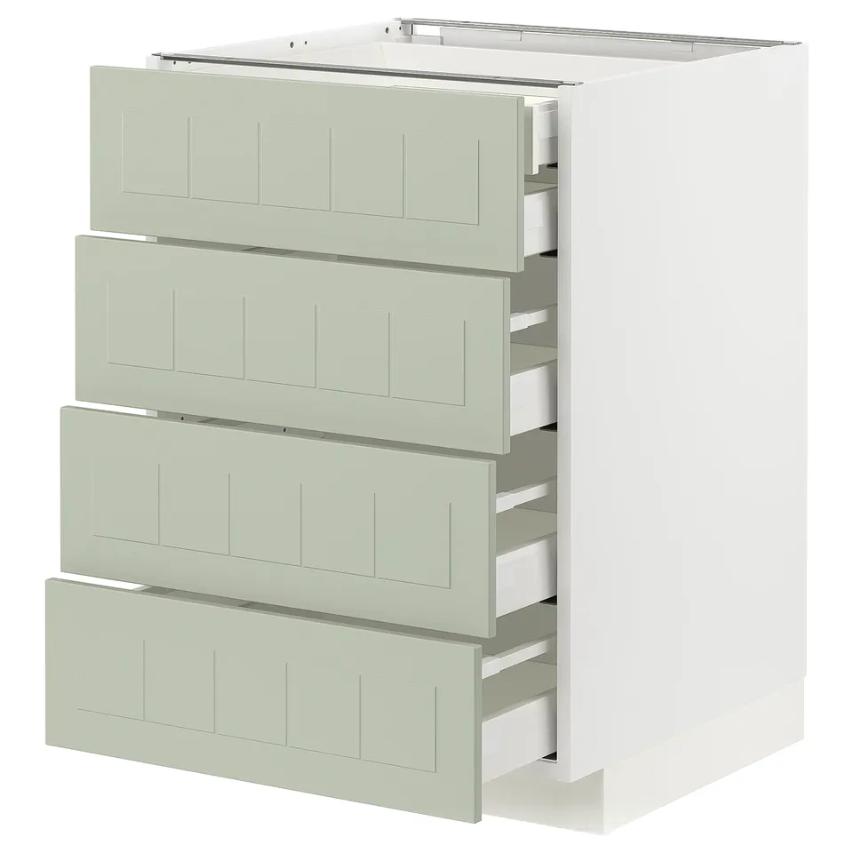 Modern kitchen cabinet with four green drawers, slim design, durable materials.