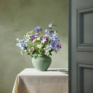 PELARBJÖRK/SMYCKA set: artificial bouquet + vase, in/outdoor/blue/lilac + grey-green, 70 cm