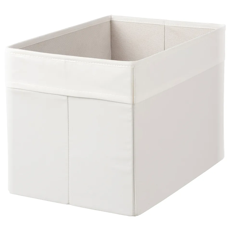 A white fabric storage box, rectangular with handles, suitable for both shelves and closets.