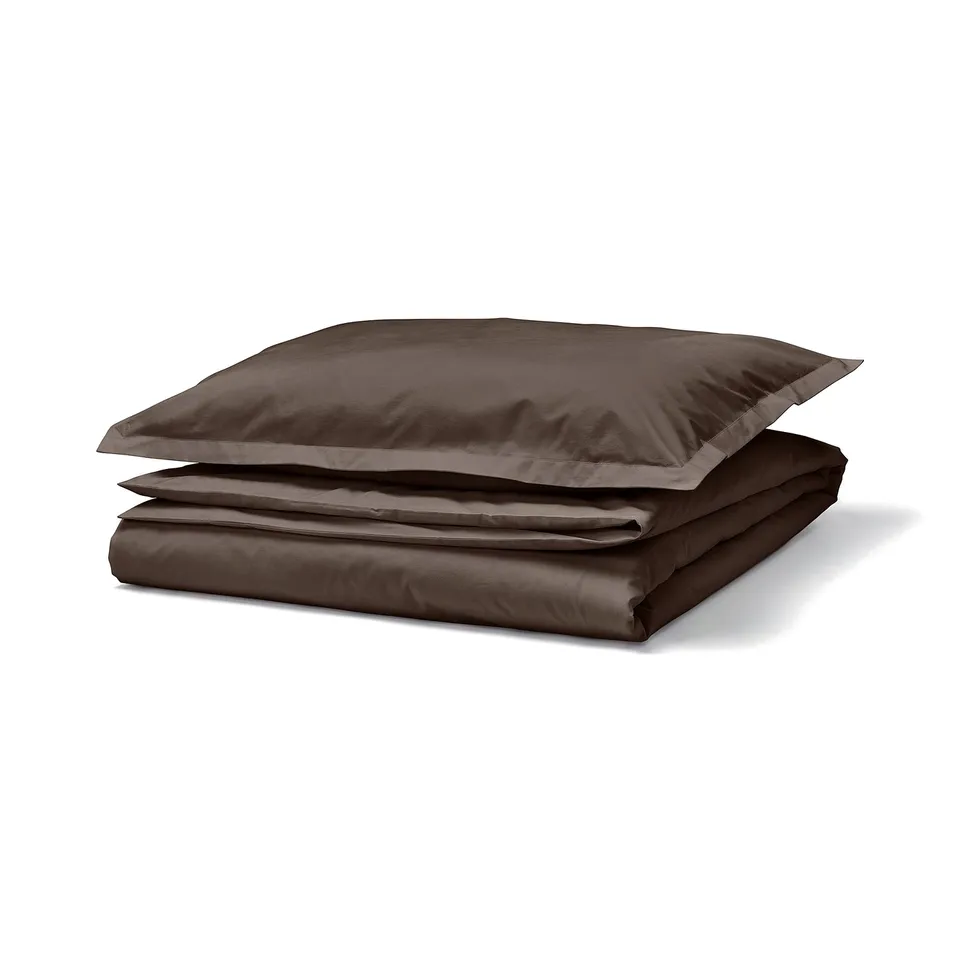 Dark brown duvet cover set neatly folded, soft crisp cotton percale, classic styling with button closure.