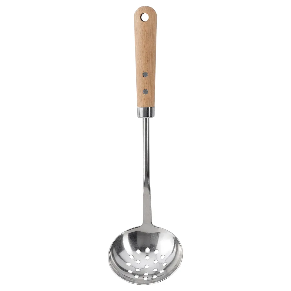 VARDAGEN skimmer: brown wood handle, stainless steel perforated bowl, hanging hole.