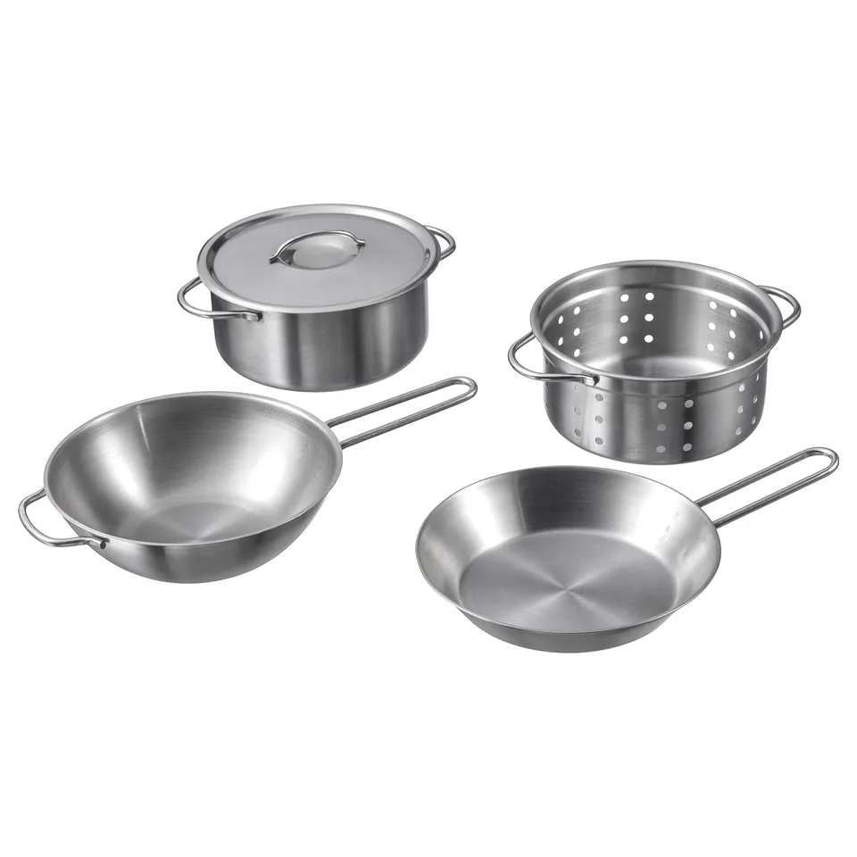 DUKTIG kids kitchen set. Stainless steel, 4 accessories. Pretend play.
