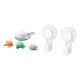 TISKEN/ÄNGSHUMLA set: 4-piece bath toy set + hook with suction cup, white