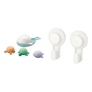 TISKEN/ÄNGSHUMLA set: 4-piece bath toy set + hook with suction cup, white
