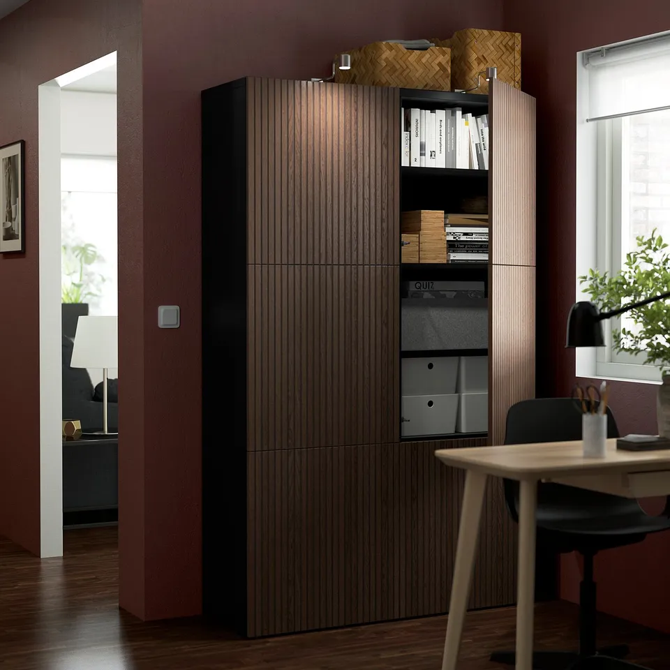 Modern office storage unit with adjustable shelves and soft-closing doors.