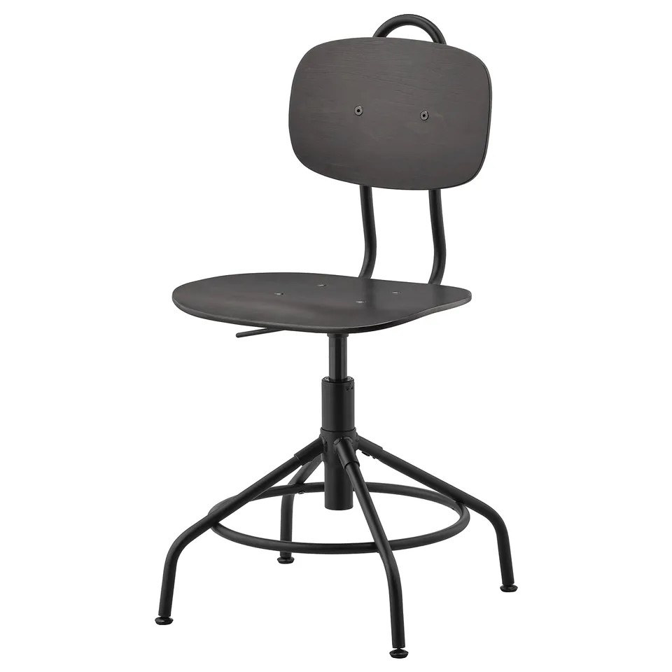 A black KULLABERG office chair. It a metal base, swivel, and height adjustment. The seat and backrest are wooden with a modern industrial design.