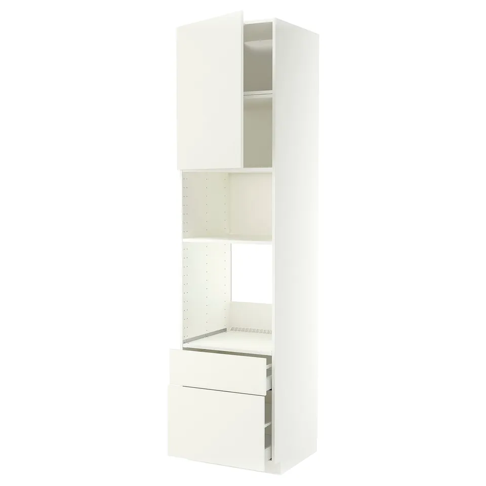 White METOD kitchen unit with drawers and shelves. Tall, rectangular with modern design.