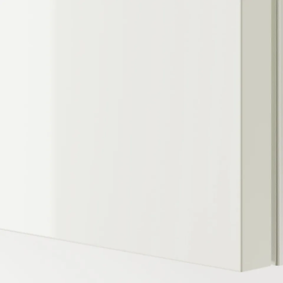 Displays a high-quality glossy white sliding door with smooth edges and a sleek finish, reflecting light subtly.
