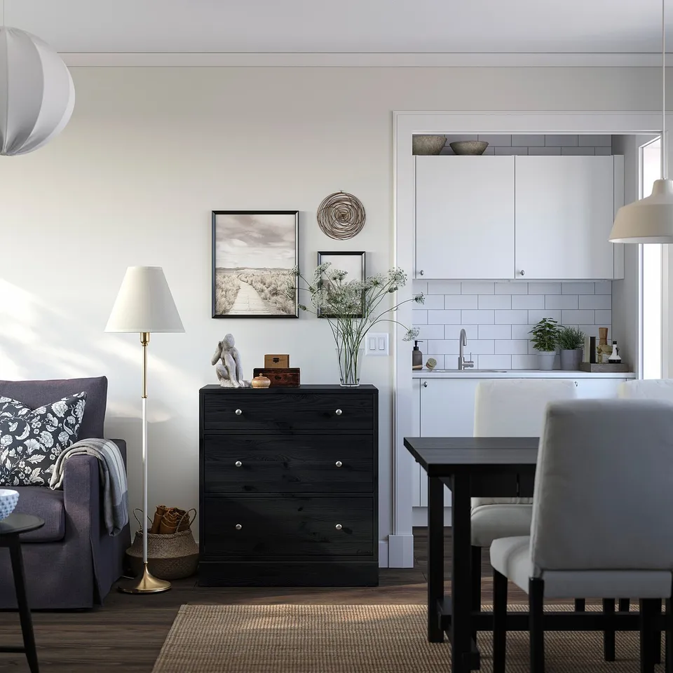 Modern room with HAVSTA chest between kitchen and living areas. White and black furniture contrast.