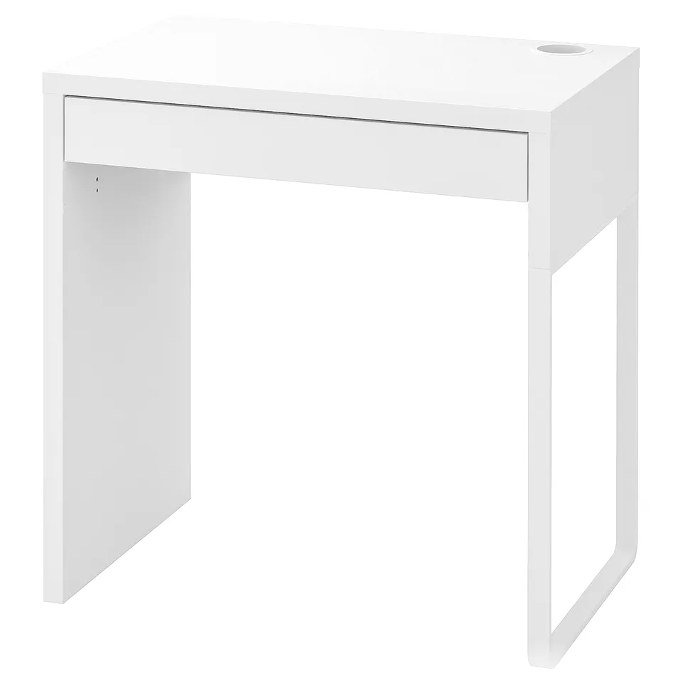 White MICKE desk: sleek, rectangular, minimalist design with single drawer and open shelf.