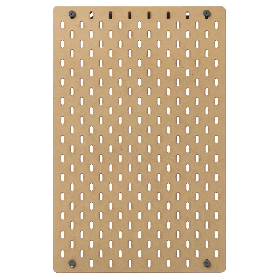 SKÅDIS pegboard, beige, rectangular, grid pattern with evenly spaced holes, featuring four metal hooks.