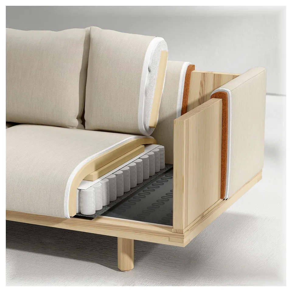 A sofa cutaway reveals its structure: solid wood, particleboard, plywood frame, coir & latex backrest, latex foam cushions, pine & fiberboard base.