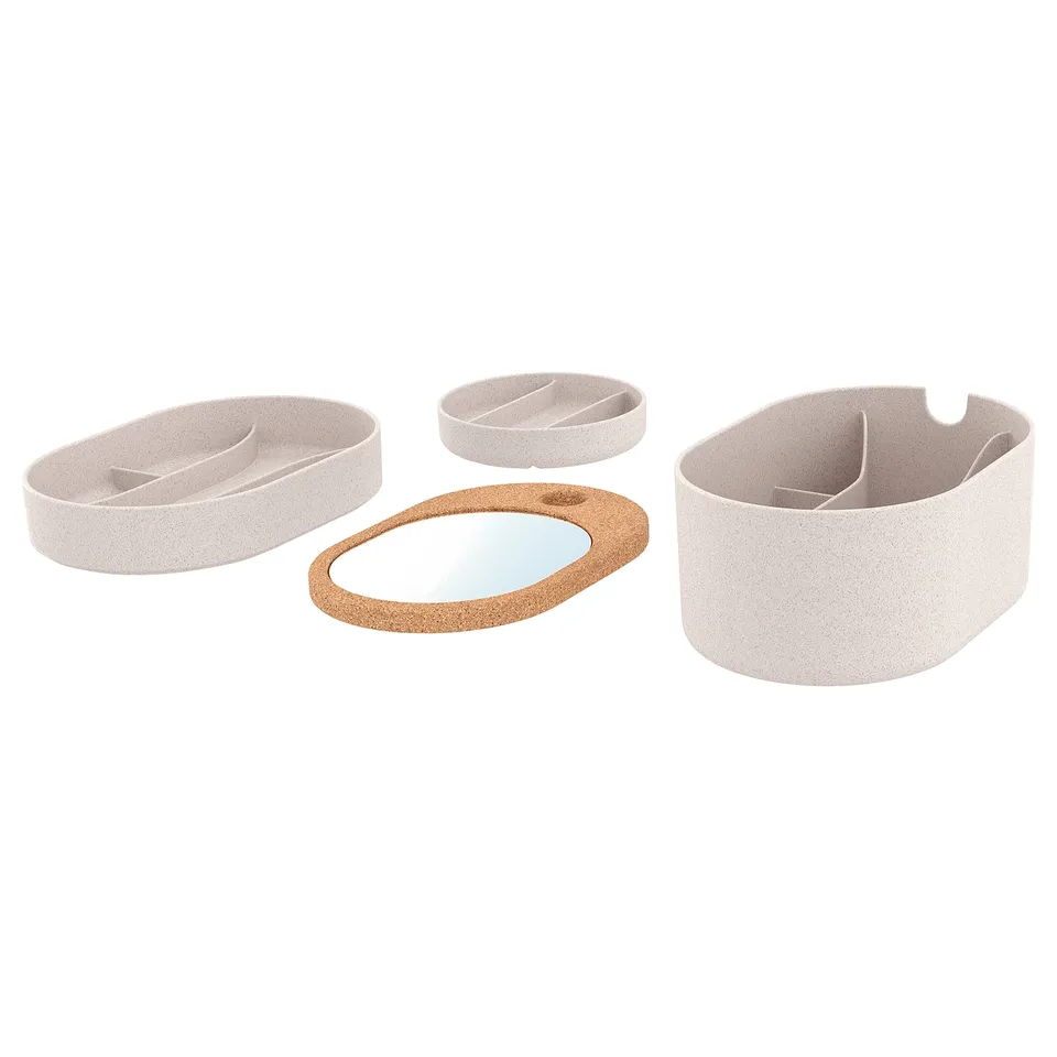 Beige SAXBORGA organiser with mirror, cork-lined lid, and plastic composite body.