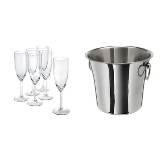 SOLDRÄNKT/SVALKA set: champagne glass + wine cooler, clear glass + stainless steel, 21 cl