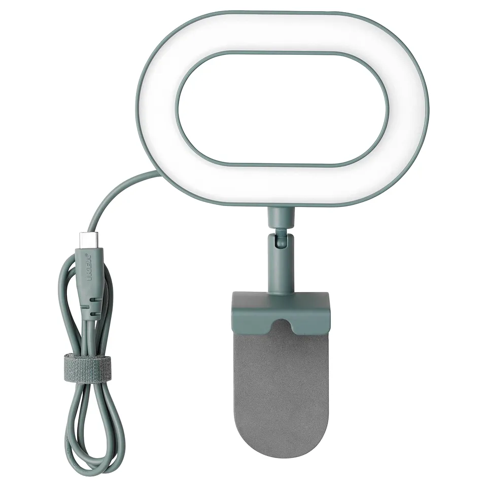 STÄNKREGN ring lamp, green, attaches to laptop, usb-c cable, adjustable, touch dimmer.