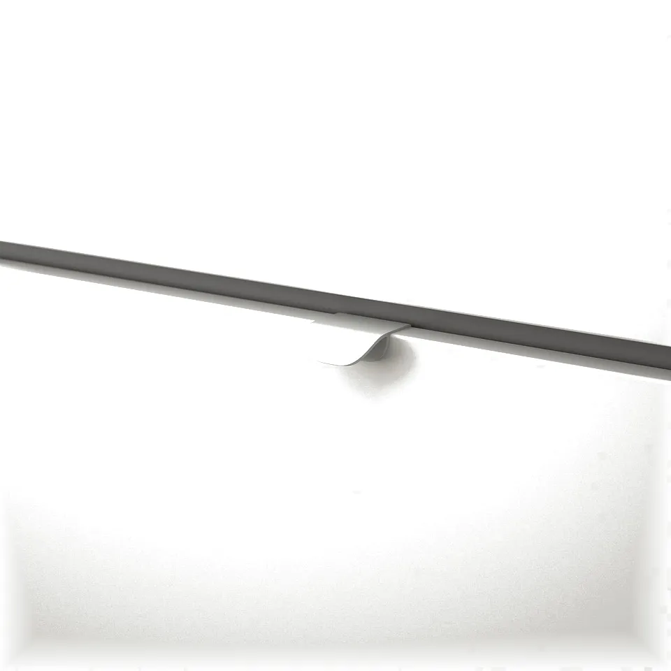 A sleek, modern drawer handle, smooth and metallic, mounted on a flat surface.