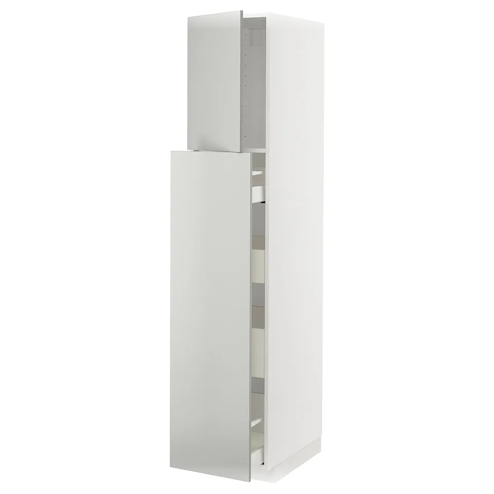 Ikea METOD kitchen unit, light grey, tall cabinet with shelves.
