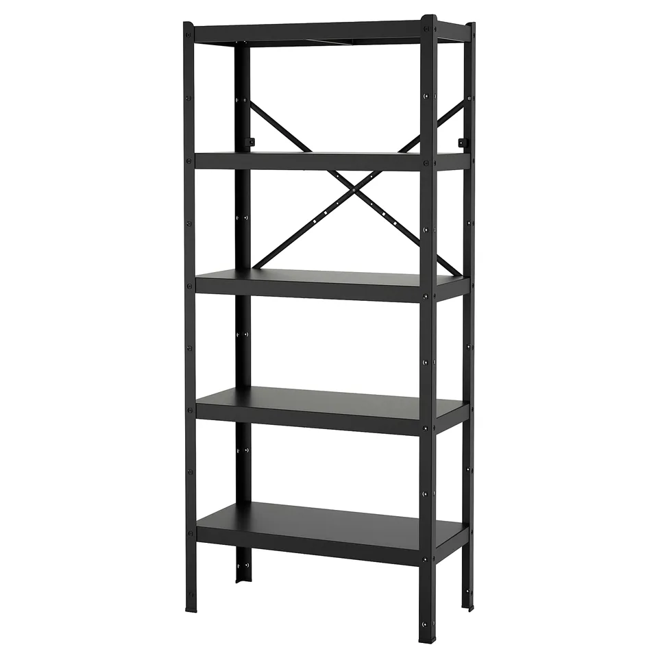 A black, metal BROR shelf with four tiers, suitable for heavy storage.