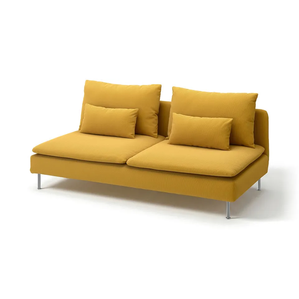 Bright yellow SÖDERHAMN sectional couch with soft,plus velvet-like fabric, rectangular cushions, raised legs.