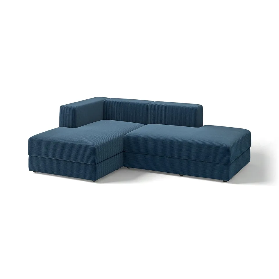 Blue modern l-shaped sectional sofa with modular design, deep seats, and under-seat storage.